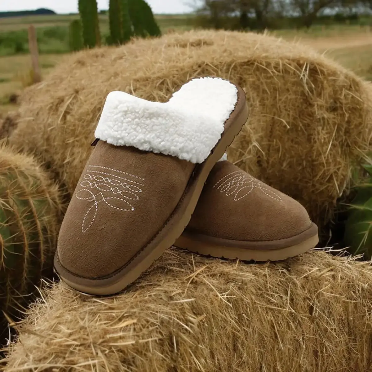 Western Boot Stitch Slippers (Brown) 1