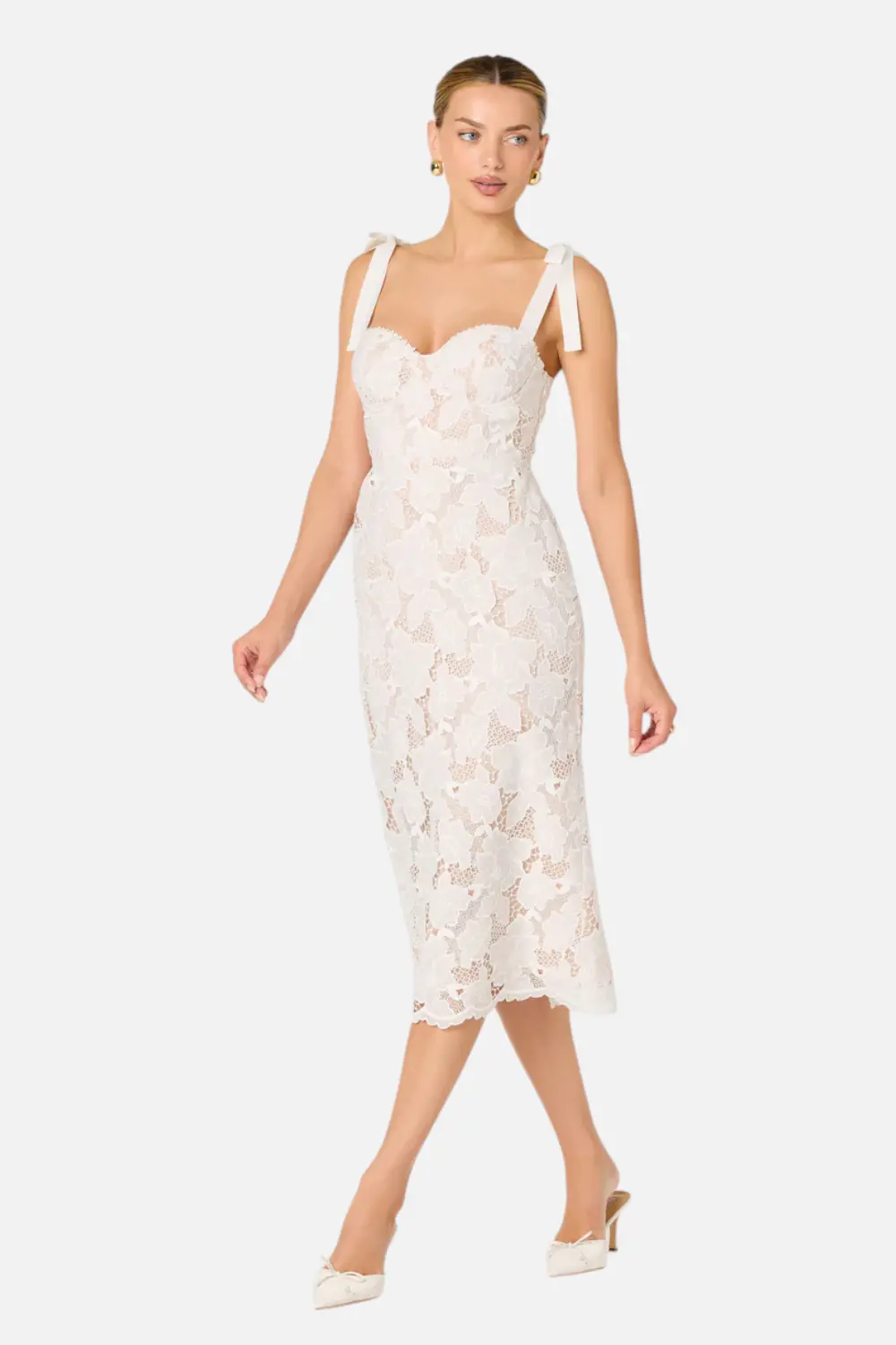 Astr Donne Floral Lace Corset Midi Dress In White 1